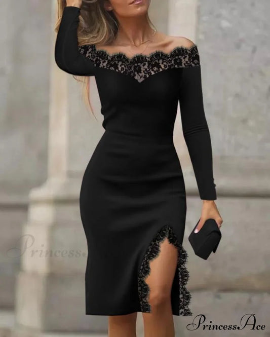 Lace Off Shoulder Long Sleeve Slit Midi Party Dress A / S