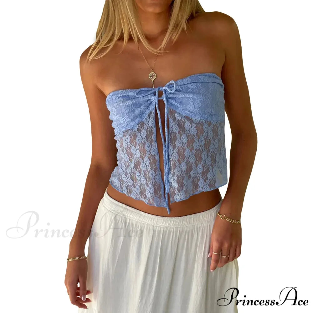 Lace Off-Shoulder Sleeveless Backless See-Through Stylish Elegant Chic Crop Top SKY BLUE / S