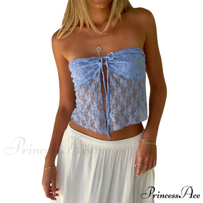 Lace Off-Shoulder Sleeveless Backless See-Through Stylish Elegant Chic Crop Top SKY BLUE / S