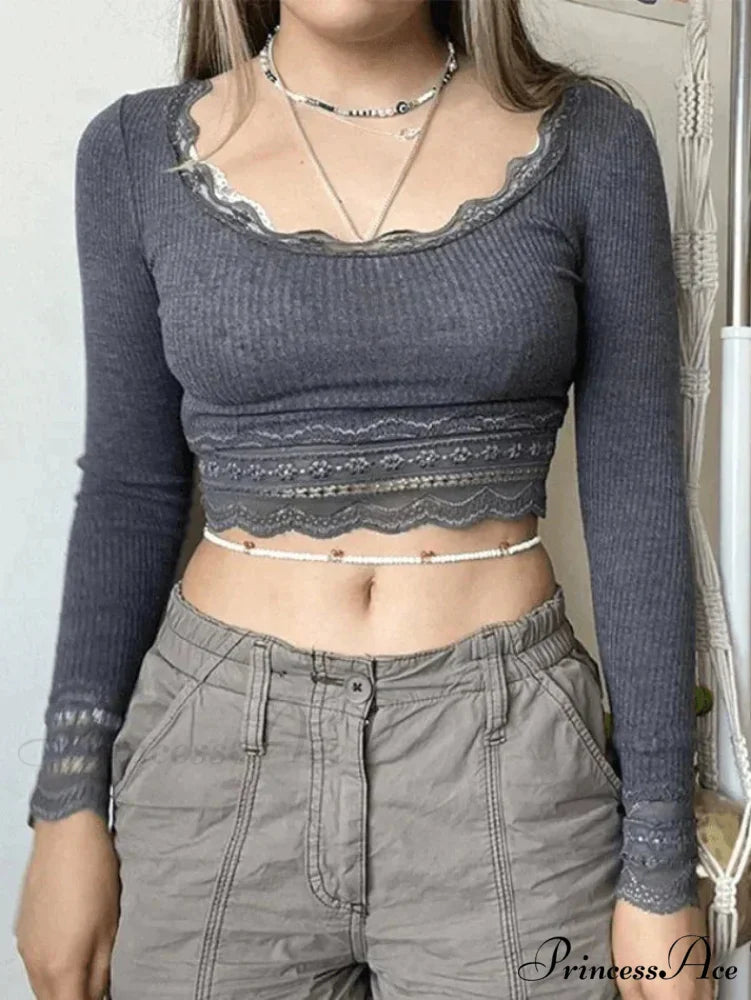 Lace Paneled Graceful Floral Mini Dress Gray / S