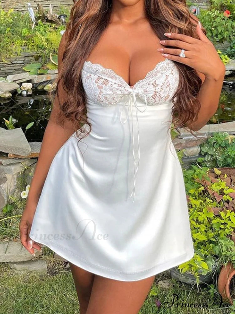 Lace Paneled Graceful Sleeveless Mini Dress White / S