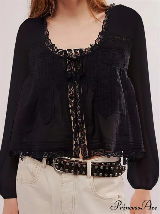 Lace Patchwork Button Fasten-Up Blouse black / S blouse-250223