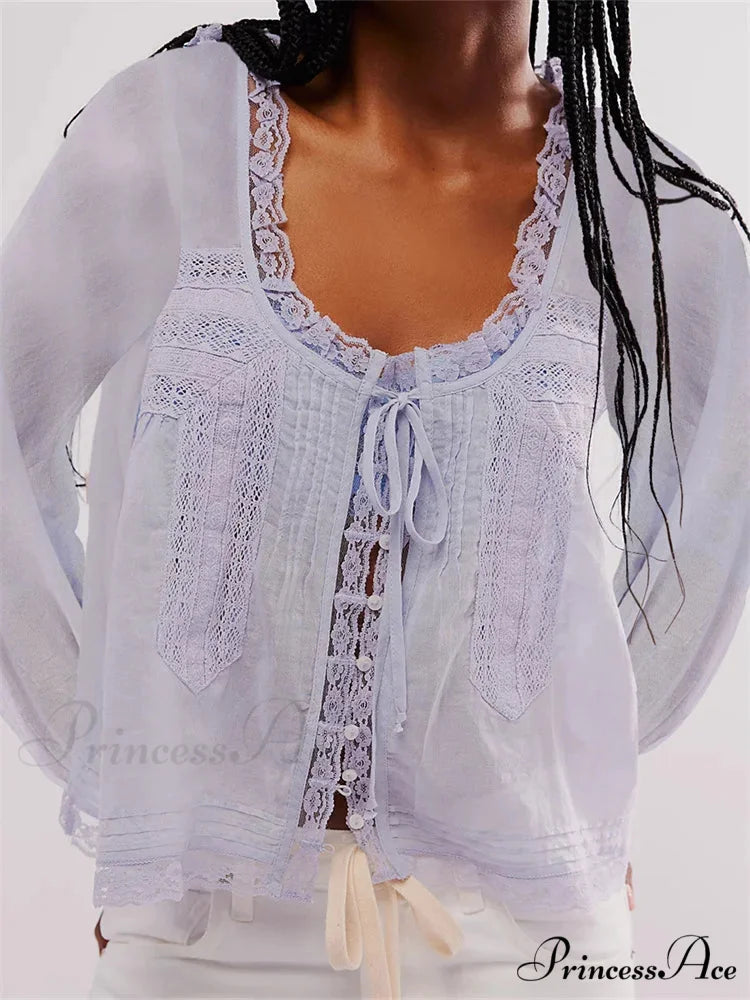 Lace Patchwork Button Fasten-Up Blouse blue / S blouse-250223