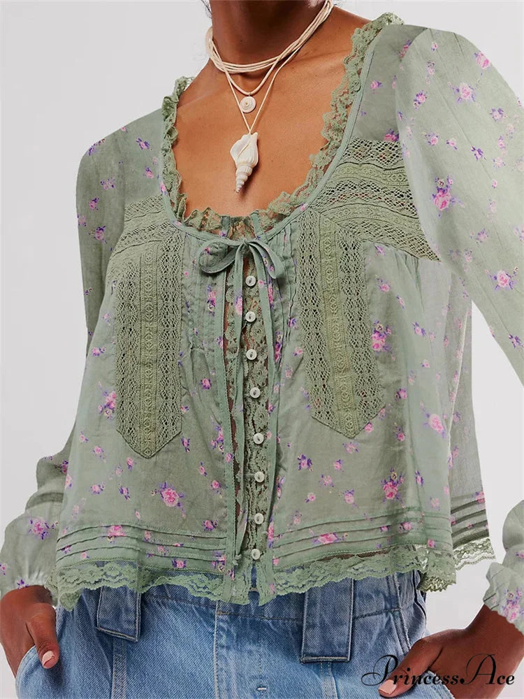 Lace Patchwork Button Fasten-Up Blouse dark green / S blouse-250223