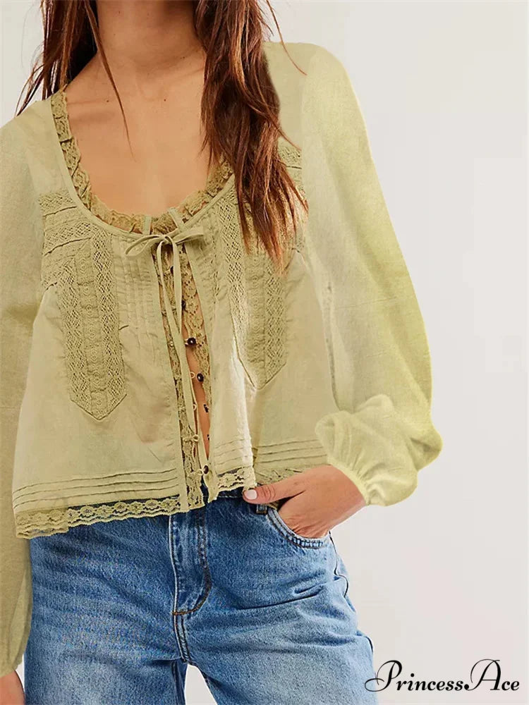 Lace Patchwork Button Fasten-Up Blouse green / S blouse-250223