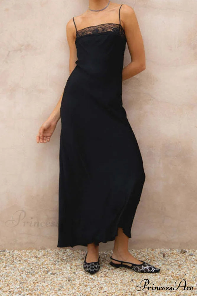 Lace Patchwork Cami Dress in Black Black / L