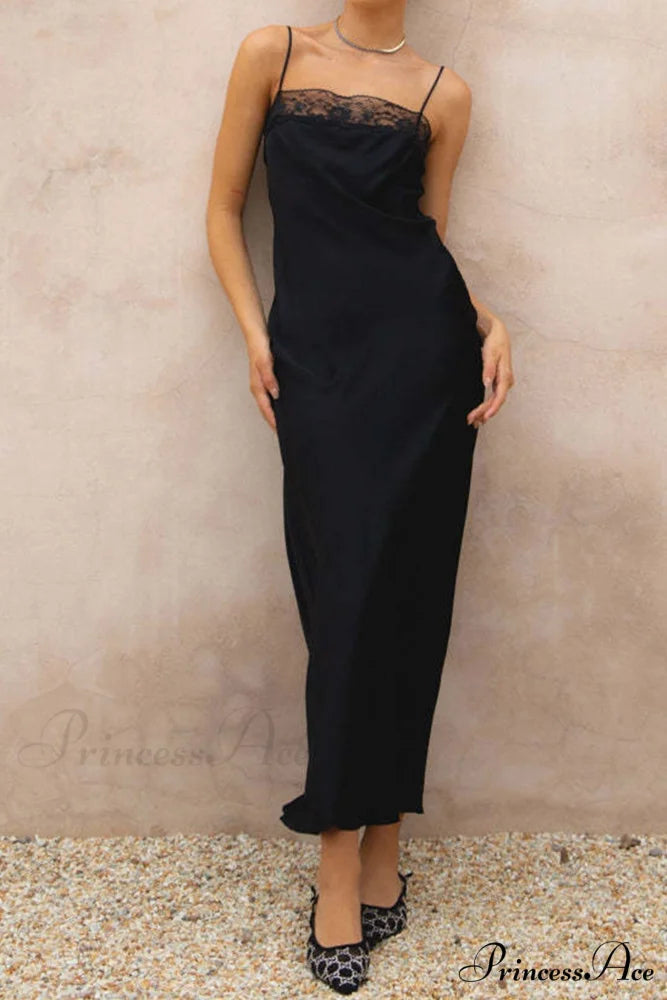 Lace Patchwork Cami Dress in Black Black / S