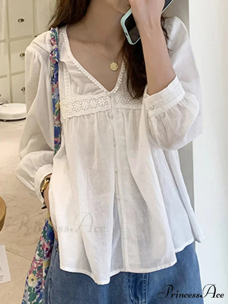 Lace Patchwork Deep-neck Generous Blouse WHITE / S blouse-250126