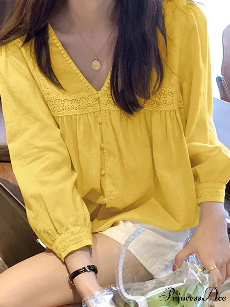 Lace Patchwork Deep-neck Generous Blouse Yellow / S blouse-250126