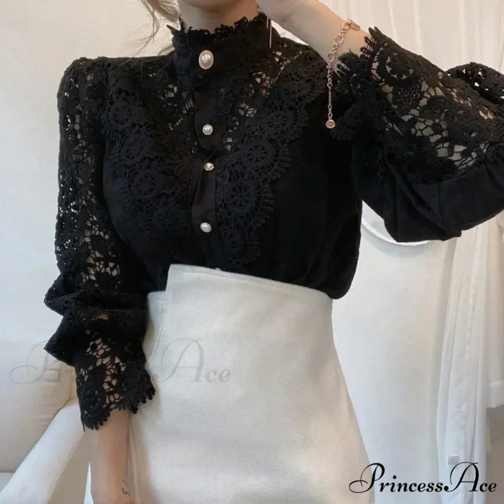 Lace Patchwork Floral Sleeve Blouse Black / S blouse-250223