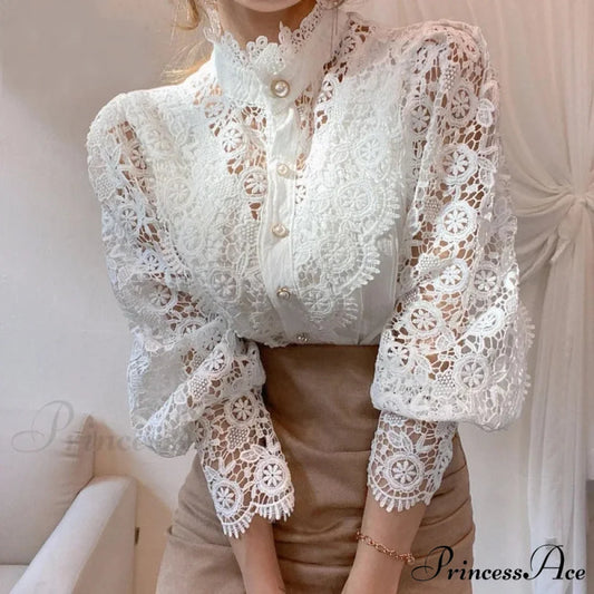 Lace Patchwork Floral Sleeve Blouse WHITE / S blouse-250223