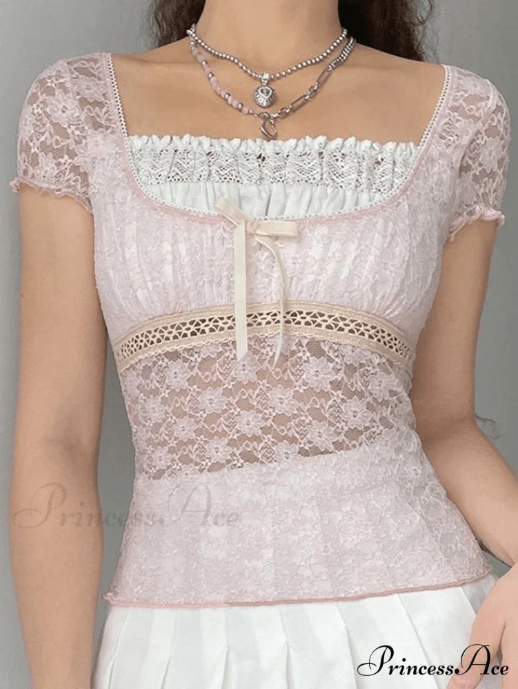 Lace Patchwork Graceful Butterfly Print Dress Pink / S