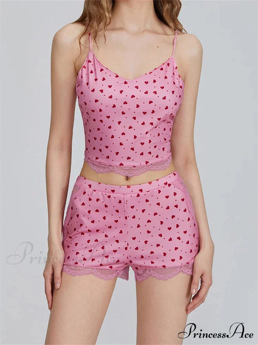 Lace Patchwork Heart Print Camis Crop Top with Informal Shorts Pajama Set twopiecesset-250126