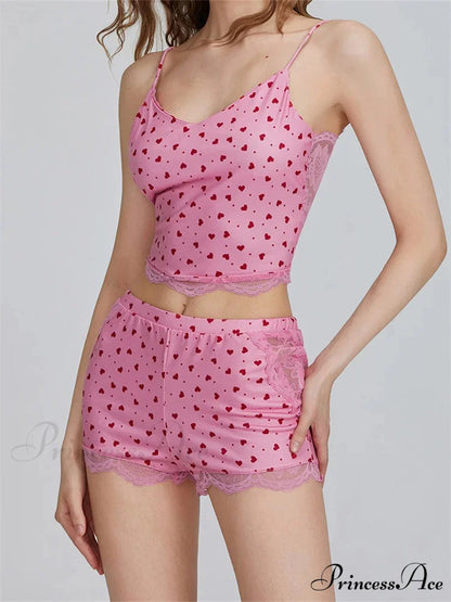 Lace Patchwork Heart Print Camis Crop Top with Informal Shorts Pajama Set twopiecesset-250126