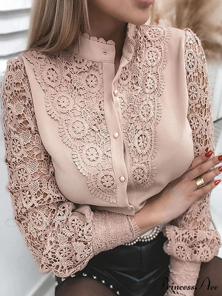Lace Patchwork Hollow Out Button-Up Professional Blouse Pink / S blouse-250126