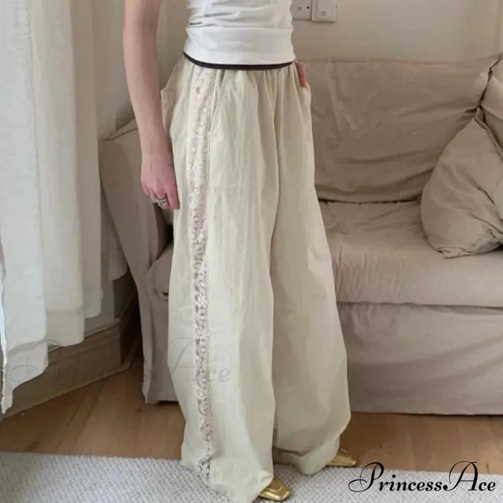 Lace Patchwork Ivory Wide Leg Trousers beige / S pants-241228