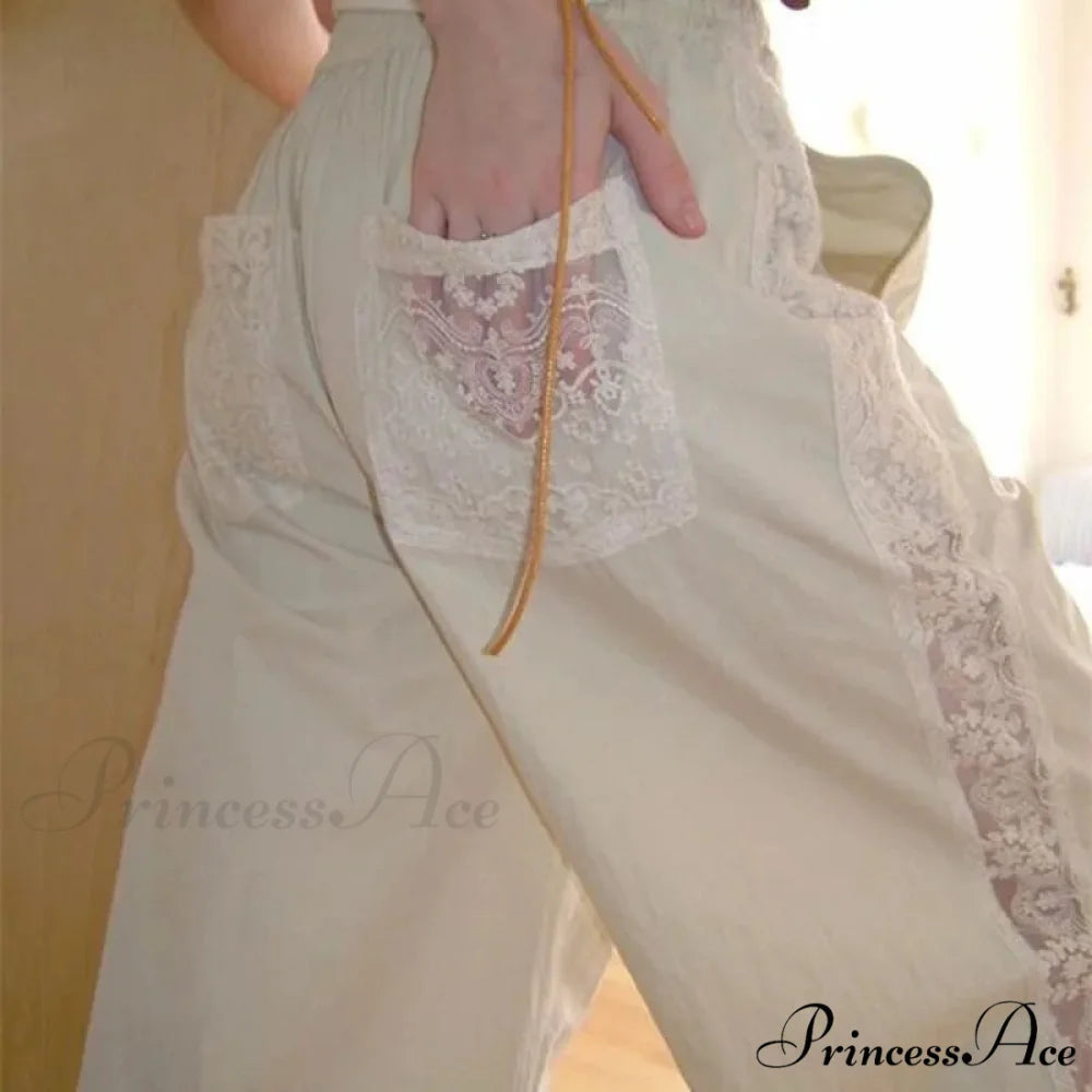 Lace Patchwork Ivory Wide Leg Trousers pants-241228