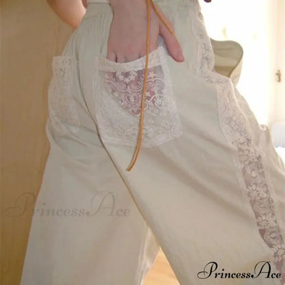 Lace Patchwork Ivory Wide Leg Trousers pants-241228