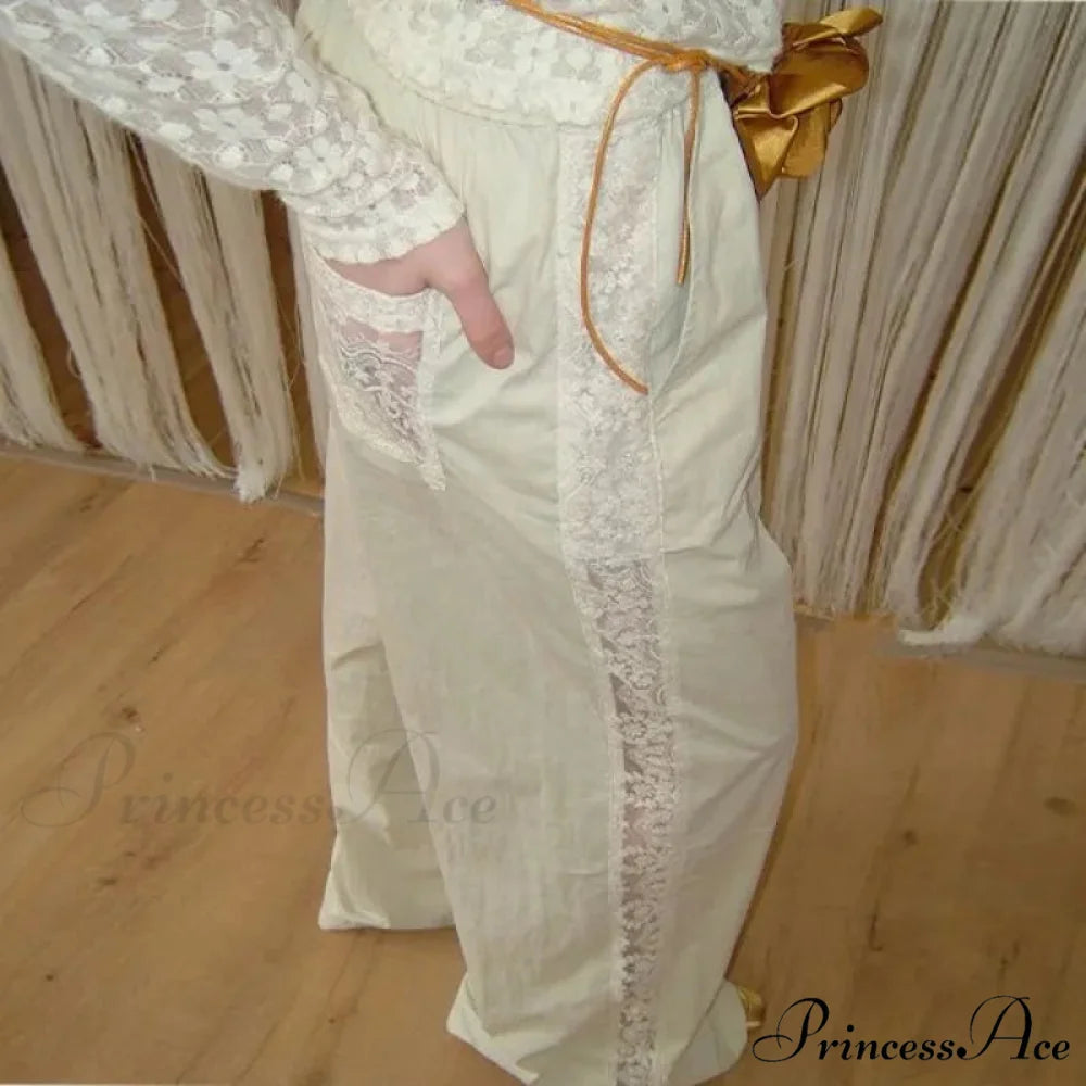 Lace Patchwork Ivory Wide Leg Trousers pants-241228