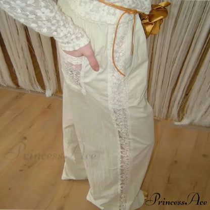 Lace Patchwork Ivory Wide Leg Trousers pants-241228