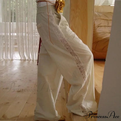 Lace Patchwork Ivory Wide Leg Trousers pants-241228