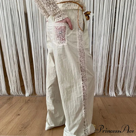 Lace Patchwork Ivory Wide Leg Trousers pants-241228