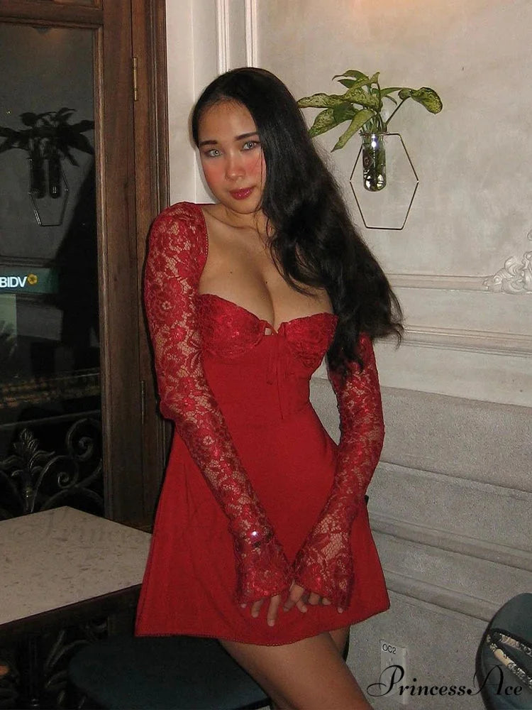 Lace Patchwork Lengthy Sleeve Mini Dress Red / S minidress-250223