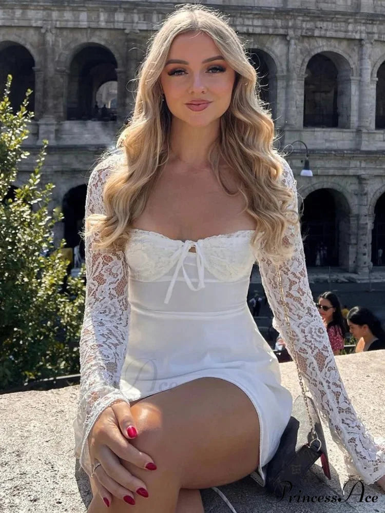 Lace Patchwork Lengthy Sleeve Mini Dress White / S minidress-250223