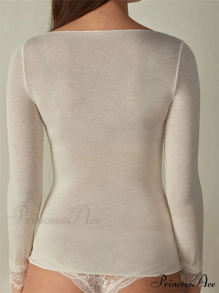 Lace Patchwork Long Sleeve V-neck Casual T-shirts