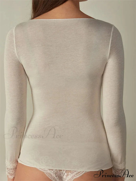 Lace Patchwork Long Sleeve V-neck Casual T-shirts