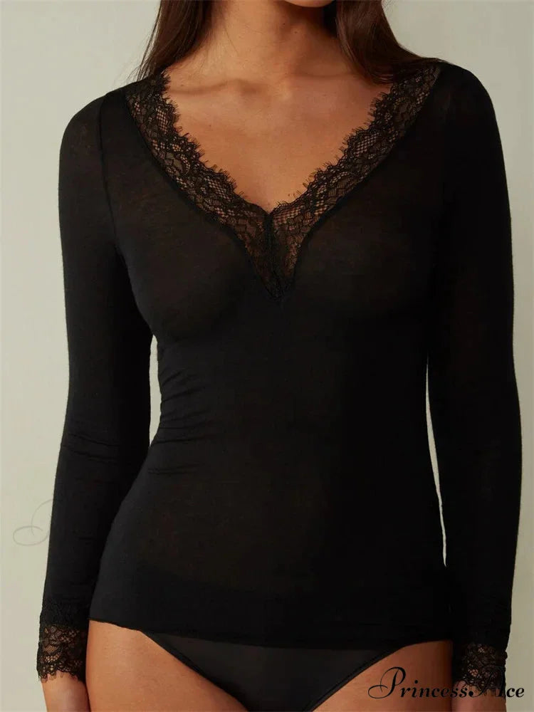 Lace Patchwork Long Sleeve V-neck Casual T-shirts BLACK / S