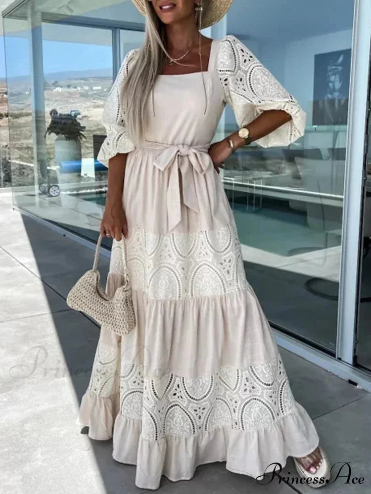 Lace Patchwork Loose Casual Beach Square Neck Boho Dress APRICOT / S