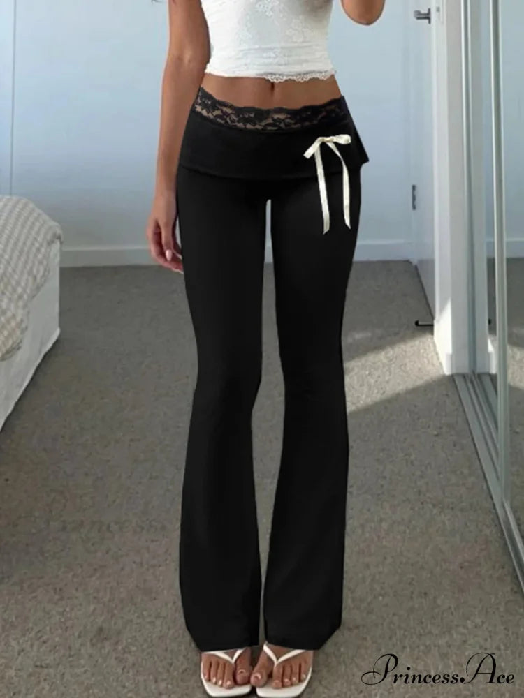 Lace Patchwork Ribbon Straight 2000s Style Pant pant-250223