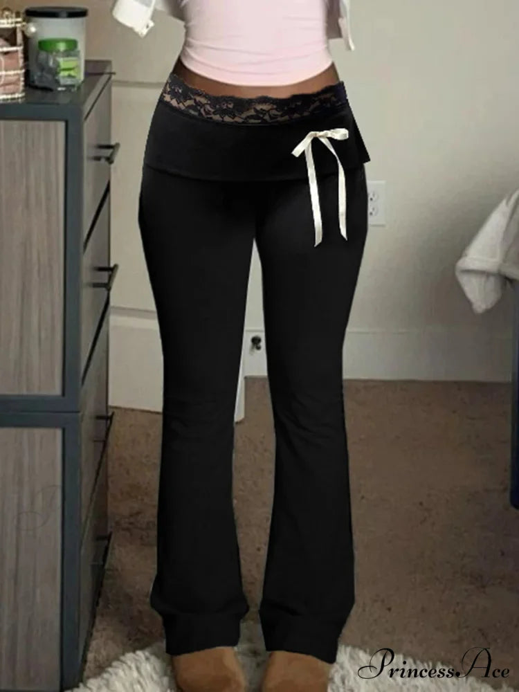 Lace Patchwork Ribbon Straight 2000s Style Pant pant-250223