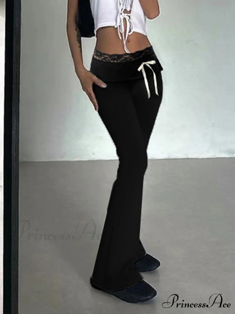 Lace Patchwork Ribbon Straight 2000s Style Pant pant-250223