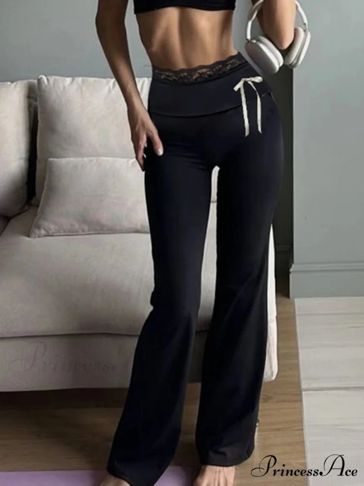Lace Patchwork Ribbon Straight 2000s Style Pant Black / S pant-250223