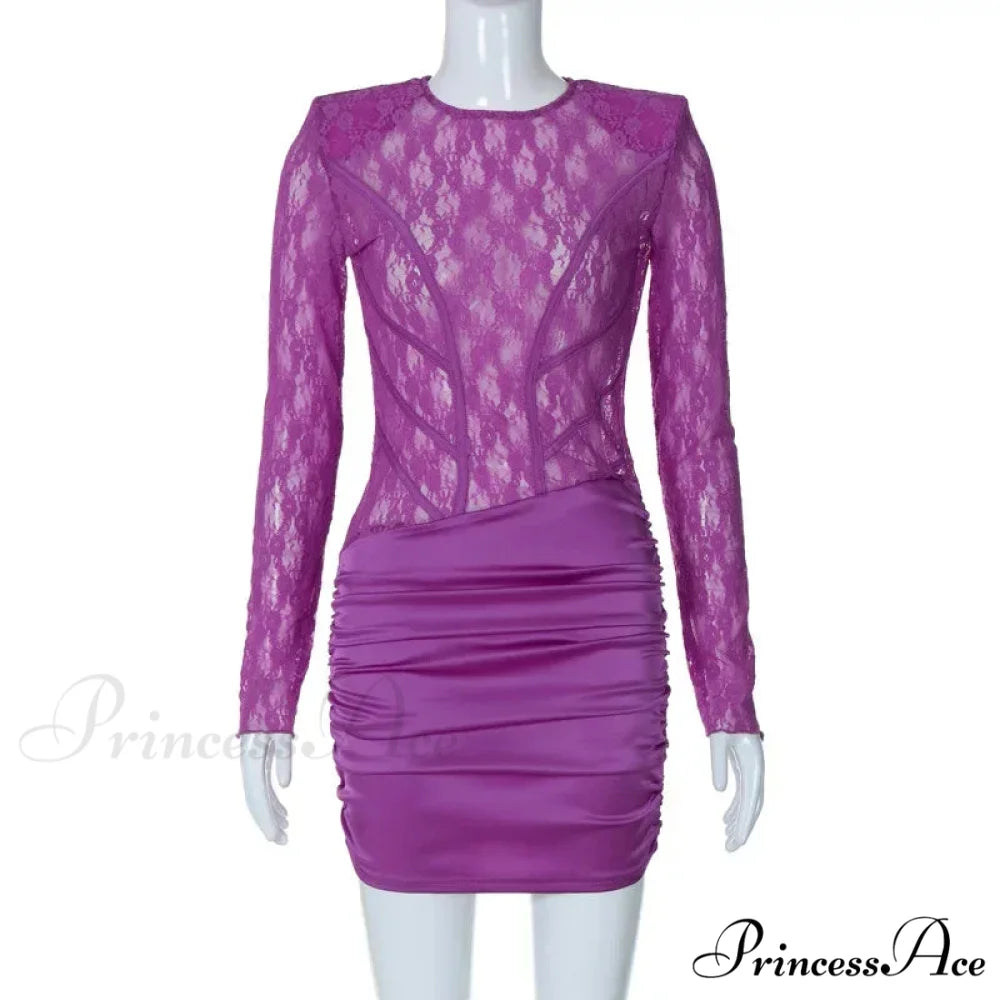 Lace Patchwork Sheer Sleeve Backless Mini Dress