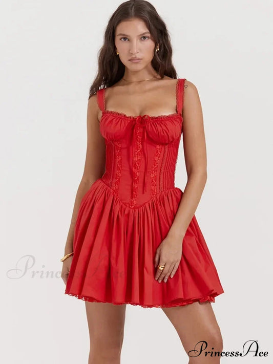 Lace Patchwork Strap Mini Dress Red / S minidress-250223