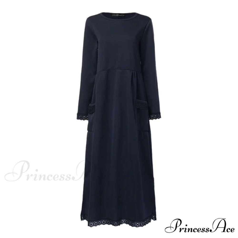 Lace Patchwork Sweatshirts Dress Navy / XXXL