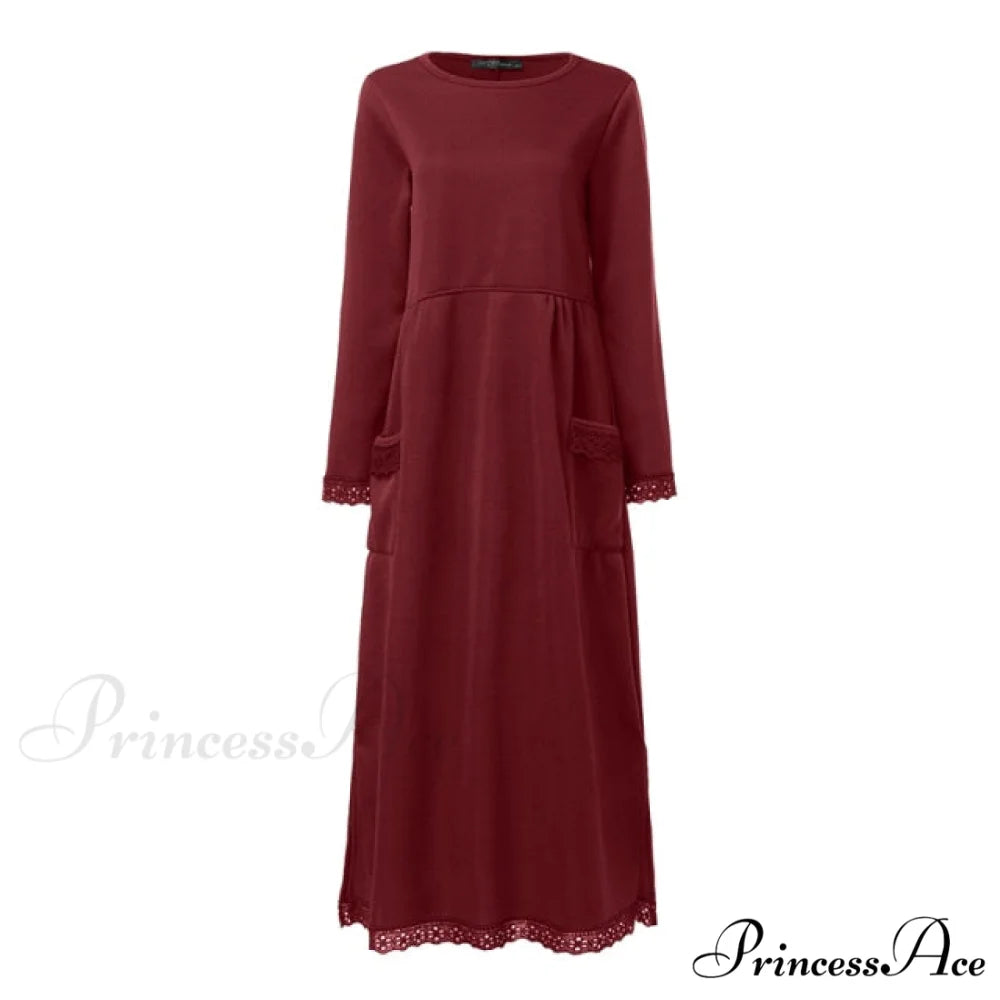 Lace Patchwork Sweatshirts Dress Red / XXXL