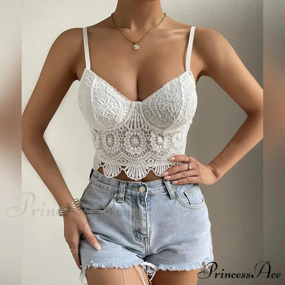 Lace Patchwork Trim Fit V-neck Backless Crop Top White / XS croptop-250126