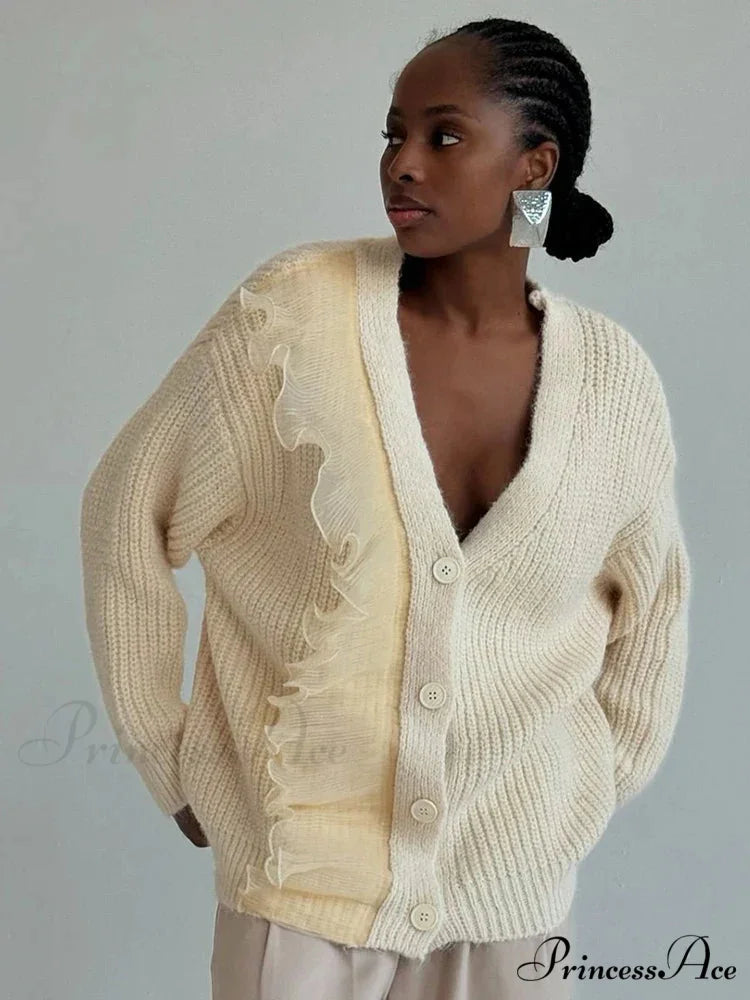 Lace Patchwork V-neck Ribbed Cardigan Modified Title: Lace Patchwork V-neck Ribbed Cardigan cardigans-241228