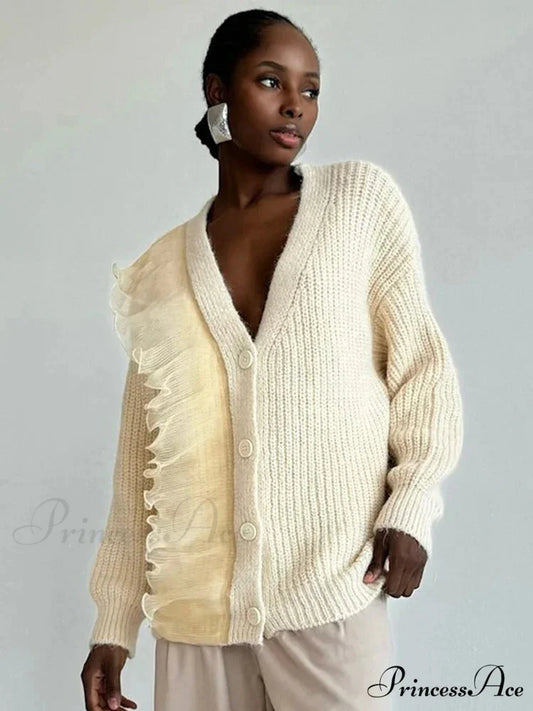Lace Patchwork V-neck Ribbed Cardigan Modified Title: Lace Patchwork V-neck Ribbed Cardigan cardigans-241228