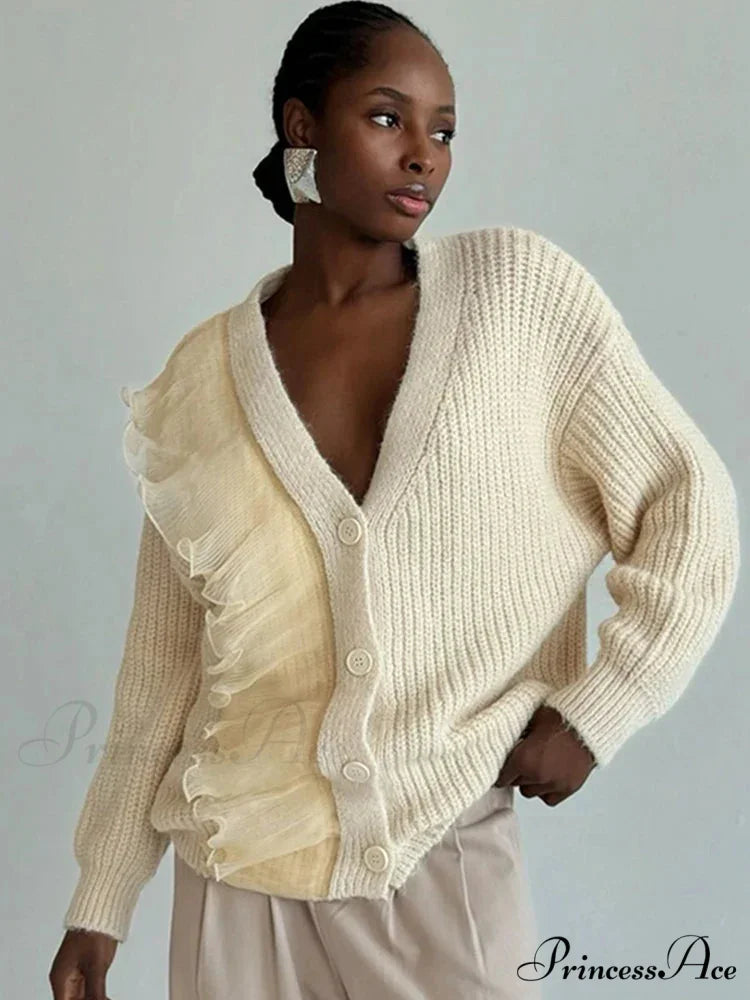 Lace Patchwork V-neck Ribbed Cardigan Modified Title: Lace Patchwork V-neck Ribbed Cardigan cardigans-241228