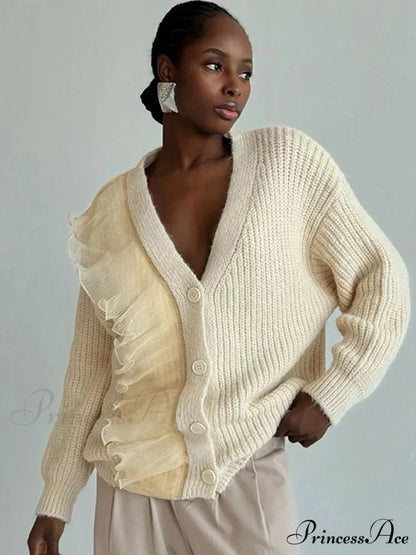 Lace Patchwork V-neck Ribbed Cardigan Modified Title: Lace Patchwork V-neck Ribbed Cardigan cardigans-241228