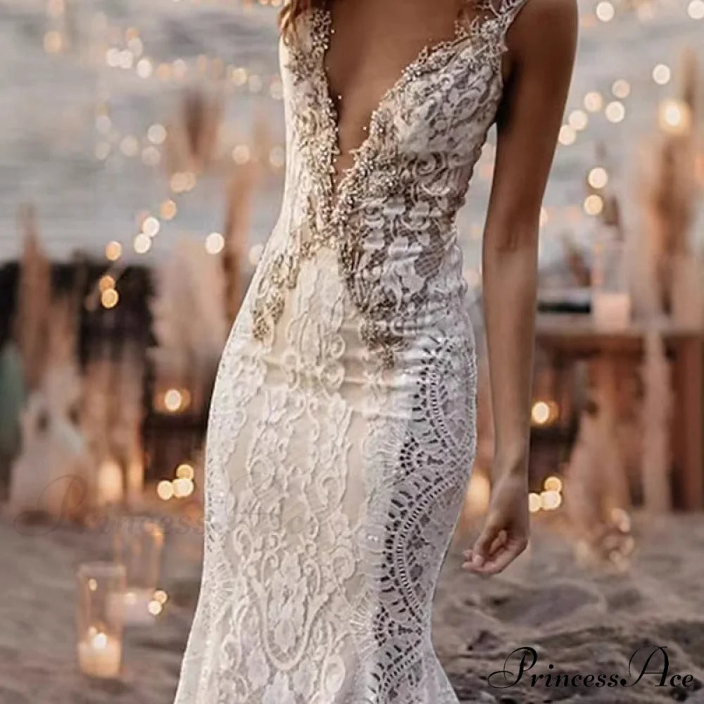 Lace Plunging Neckline Mermaid Bridal Gown weddingdress-250223