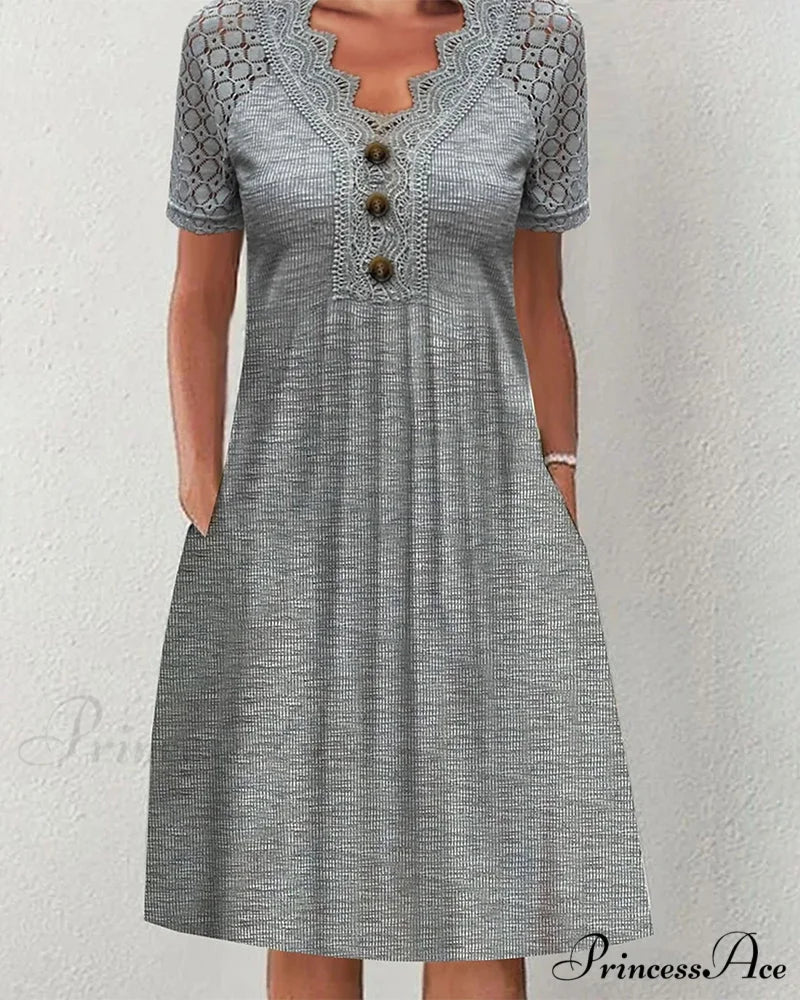Lace pocket dress in solid color Gray / S