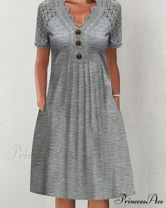 Lace pocket dress in solid color Gray / S