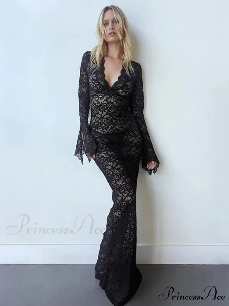 Lace Profound Plunge Neck Flared Sleeve Holiday Dress Black / S vacationdress-250223