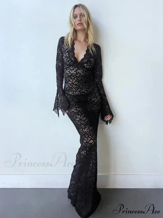 Lace Profound Plunge Neck Flared Sleeve Holiday Dress Black / S vacationdress-250223